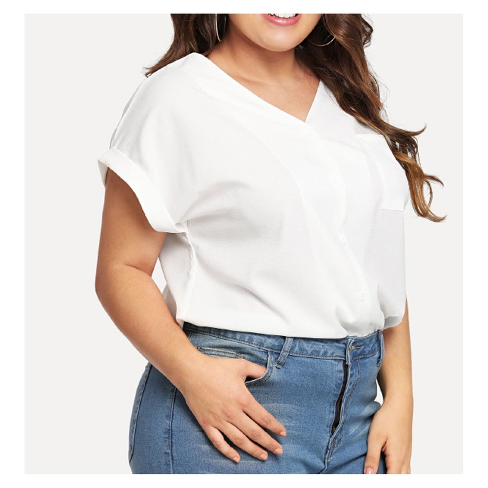 Plus Size White Blouse V Neck Casual Short Sleeve